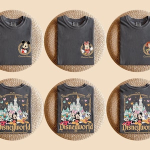 May include: Six charcoal gray t-shirts with Disney character designs. Three shirts feature Mickey Mouse, Minnie Mouse, and Jessie. The other three shirts display a Disneyworld graphic with Mickey, Minnie, and other characters.