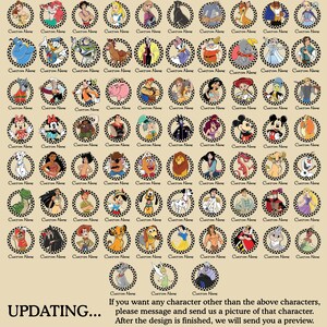 May include: A collection of circular designs featuring various cartoon characters, each surrounded by a black and white checkered border. The text "Custom Name" appears on each design. The word "UPDATING..." is at the bottom, along with a message.