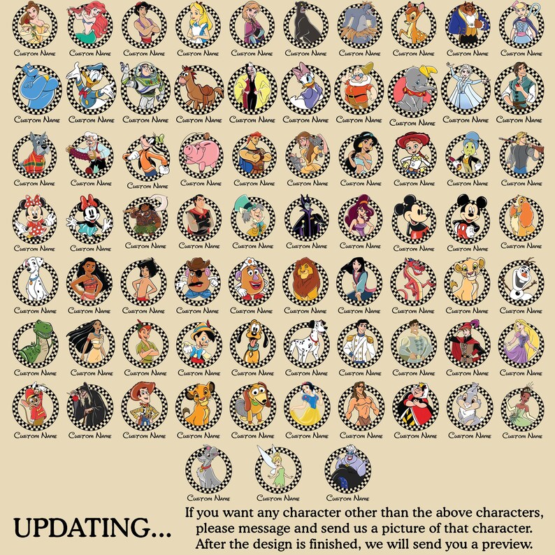 May include: A collection of circular designs featuring various cartoon characters, each surrounded by a black and white checkered border. The text "Custom Name" appears on each design. The word "UPDATING..." is at the bottom, along with a message.