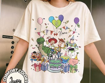 Personalized Name Age Pixar Toy Story Birthday T-Shirt, Custom Disney Buzz Woody Jessie Birthday Present Gift, Disneyland Family Trip Tees