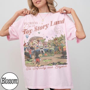 May include: A pale pink t-shirt with a graphic featuring characters from Toy Story and the text "Toy Story Land" and "To Infinity and Beyond". The shirt also has the text "Florida Est. 2018".