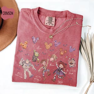 Pode incluir: Camiseta carmesim com um gr&aacute;fico de personagens de Toy Story segurando bal&otilde;es em forma de Mickey Mouse. Inclui Buzz Lightyear, Woody, Jessie e Sr. Cabe&ccedil;a de Batata. Um colar de prata com um pingente est&aacute; sobre a camiseta.