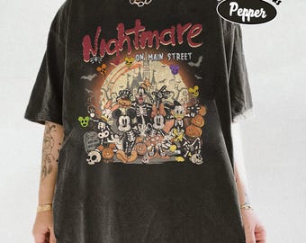 Camisetas vintage de Mickey y sus amigos, esqueletos de Pesadilla en la Calle Mayor, colores cómodos, camisetas de Halloween de Disney, camisetas de Halloween de Disney 2025