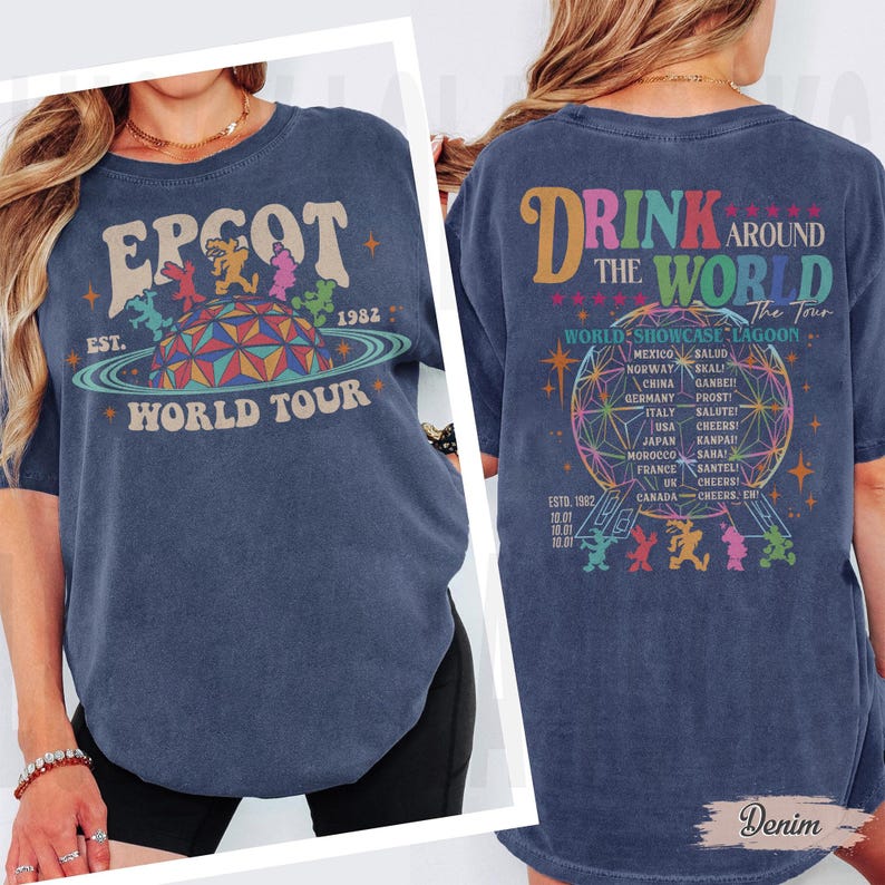 May include: A navy blue t-shirt with the text "EPCOT WORLD TOUR" and a colorful graphic of a geodesic sphere and characters. The back of the shirt says "DRINK AROUND THE WORLD" with a list of countries and characters.