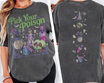 Camiseta vintage Pick Your Poison Comfort Colors, camiseta Disney Villains Poison Apple, camiseta da temporada assustadora, camiseta da festa de Halloween da Rainha Má de 2025