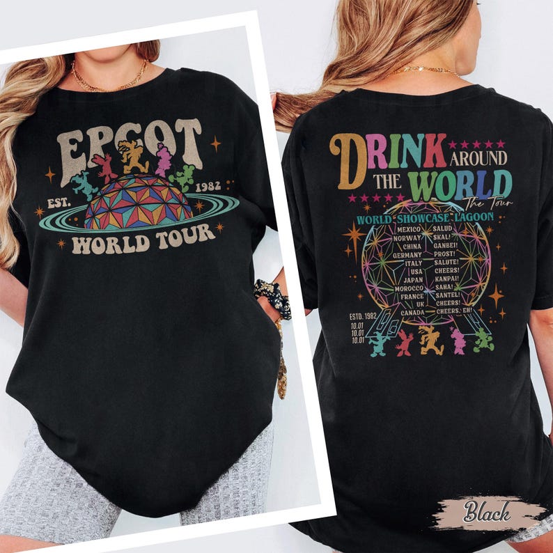 May include: Black t-shirt with "EPCOT World Tour" graphic on the front, featuring a colorful Spaceship Earth design and the year 1982. The back of the shirt says "Drink Around The World" with a list of countries.