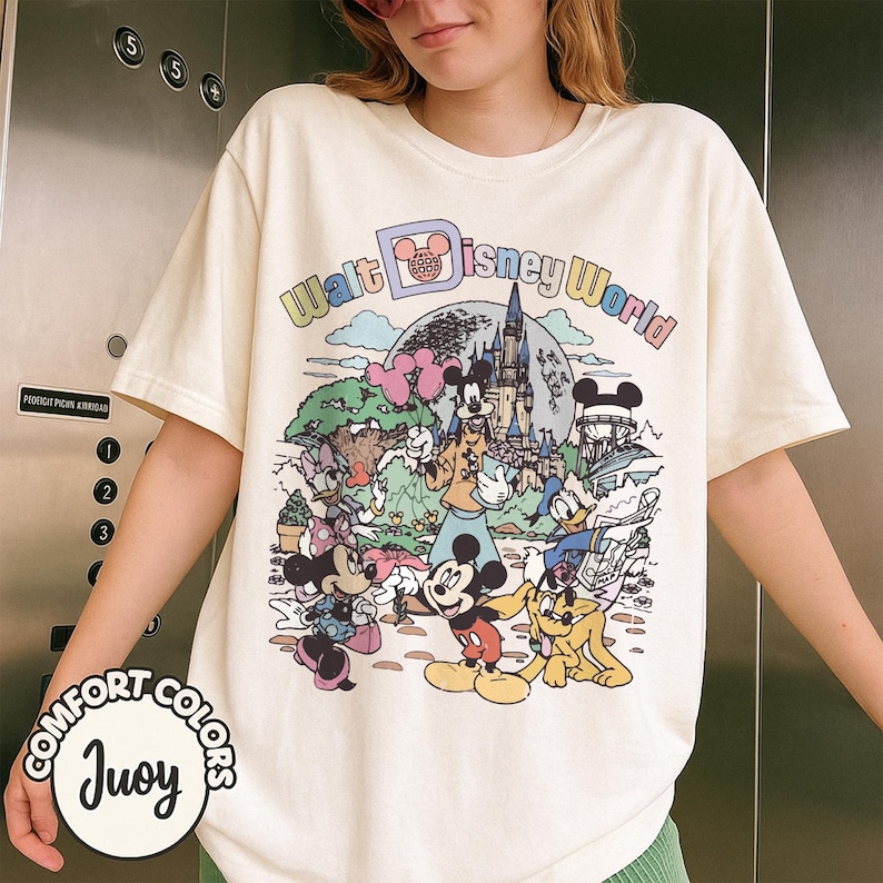 Retro Walt Disney World Shirt, Mickey Minnie Goofy Pluto Park Map Tee, Cute Comfort Colors Shirt with Castle, Balloons & Classic Characters image 1