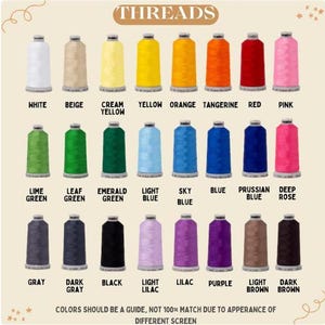 Puede incluir: Una carta de colores titulada THREADS que muestra veinticuatro carretes de hilo de bordar en varios colores, incluyendo blanco, beige, amarillo, naranja, rojo, rosa, verde, azul, morado, gris y marr&oacute;n, cada uno etiquetado con su nombre.
