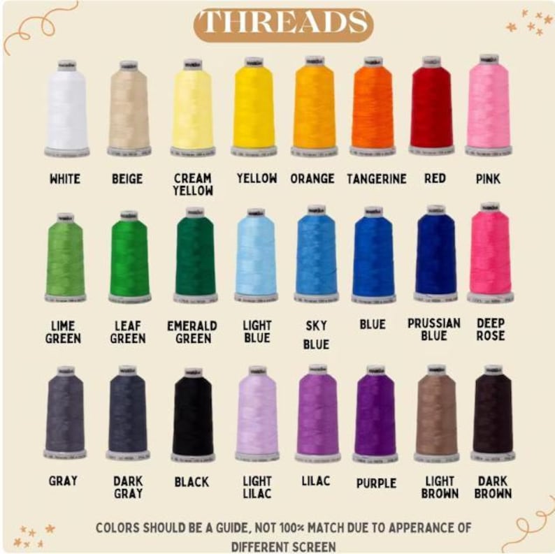 Puede incluir: Una carta de colores titulada THREADS que muestra veinticuatro carretes de hilo de bordar en varios colores, incluyendo blanco, beige, amarillo, naranja, rojo, rosa, verde, azul, morado, gris y marr&oacute;n, cada uno etiquetado con su nombre.