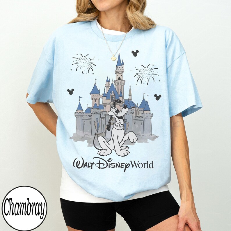 May include: Pale blue t-shirt with a graphic of Pluto in front of Cinderella's castle, fireworks, and Mickey Mouse icons. The text "Walt Disney World" is printed below. The shirt has a loose fit.