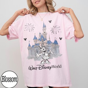 May include: Pale pink t-shirt with a graphic of Cinderella's castle, Daisy Duck, fireworks, and Mickey Mouse silhouettes. The text "Walt Disney World" is printed below the castle. The shirt has short sleeves and a round neckline.