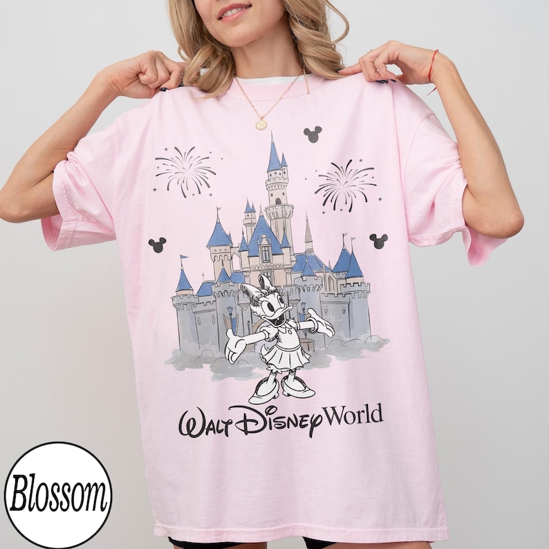 May include: Pale pink t-shirt with a graphic of Cinderella's castle, Daisy Duck, fireworks, and Mickey Mouse silhouettes. The text "Walt Disney World" is printed below the castle. The shirt has short sleeves and a round neckline.