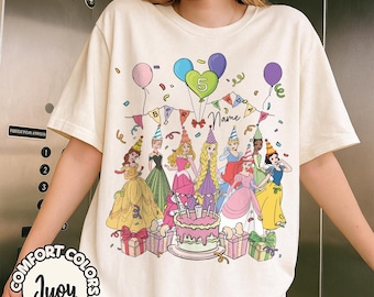 Personalized Name Age Disney Princess Birthday T-Shirt, Custom Tiana Ariel Elsa Rapunzel Belle Birthday Present Gift, Disneyland Family Trip