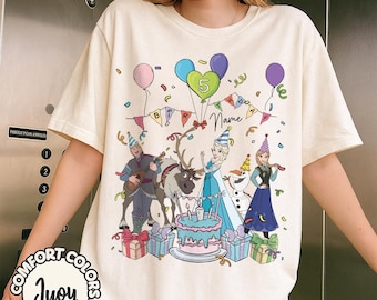 Spersonalizowana koszulka urodzinowa Disney Frozen z imieniem i wiekiem, spersonalizowany prezent urodzinowy Disney Elsa Anna Olaf Sven, koszulki z okazji rodzinnej wycieczki do Disneylandu