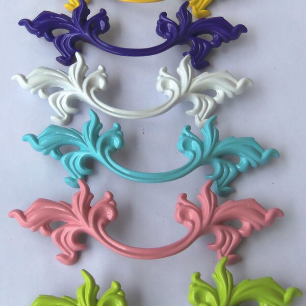 French Provincial Drawer Pull Upcycled White Purple Chartreuse Pink Aqua Yellow Red Black Lavender Gray  5.75 Inches long 3 inch Centers