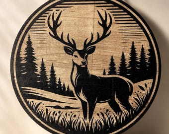 Engraved Buck Birch Wall Art, Rustic Deer Cabin Decor, Hunter Gift