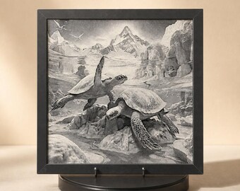 Framed Sea Turtle Acrylic Engraving, Coastal Ocean Wall Art