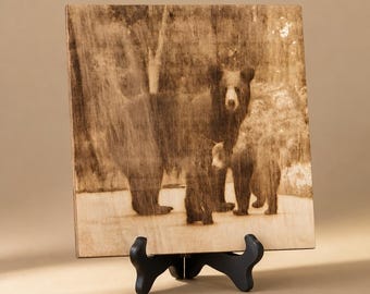 Black Bear Engraved Wood Wall Art, Rustic Cabin Wildlife Decor, Bear Lover Gift