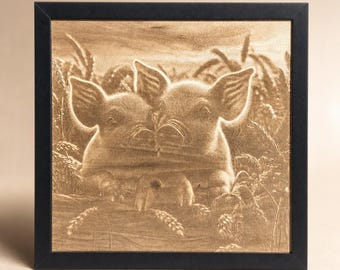 Framed Pig Wood Engraving, Rustic Farmhouse Wall Art, Pig Lover Gift