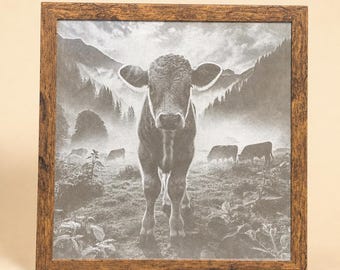 Ingelijste houten gravure van een koe, rustieke boerderijdecoratie voor aan de muur, cadeau voor koeienliefhebbers