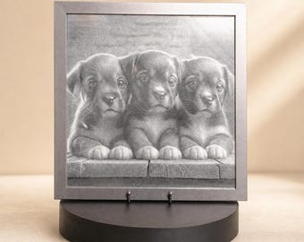 Framed Puppy Metal Engraving, Dog Lover Wall Art, Pet Memorial Decor