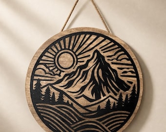 Engraved Mountain Scene Birch Wall Art, Rustic Forest Cabin Decor