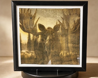 Framed Moose Wood Engraving, Rustic Forest Wildlife Wall Art, Cabin Decor