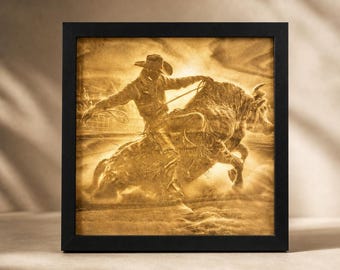 Framed Bull Rider Wood Engraving, Western Rodeo Wall Art, Cowboy Decor