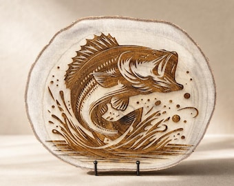 Live Edge Fish Wood Engraving, Rustic Fishing Cabin Wall Art, Angler Gift