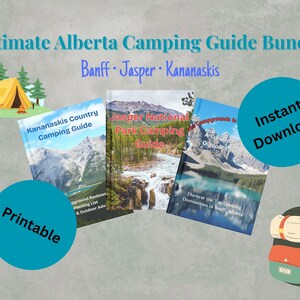 Pode incluir: Um pacote digital de guias de acampamento imprimíveis para Kananaskis Country, o Parque Nacional Jasper e acampamentos em Banff, Alberta. Os guias apresentam paisagens montanhosas pitorescas e o texto "Download instantâneo" e "Imprimível".