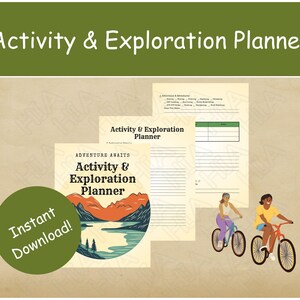 Op de afbeelding: Een printbare planner met een illustratie van een berg en een meer. De planner heeft de titel "Adventure Awaits Activity & Exploration Planner".