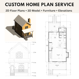 Może przedstawiać: Obraz przedstawiający niestandardowe usługi planowania domów. Zawiera model 3D domu, plany pięter 2D i rysunki elewacji. Tekst na górze brzmi "CUSTOM HOME PLAN SERVICE" i "2D Floor Plans + 3D Model + Furniture + Elevations."