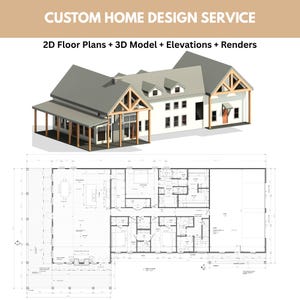 May include: A digital architectural rendering of a house with a grey roof and white walls, alongside a detailed 2D floor plan. The image features the text "CUSTOM HOME DESIGN SERVICE" and lists services: "2D Floor Plans + 3D Model + Elevations + Renders."