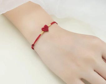 Handmade Red Heart Bracelet - Delicate String Bracelet with Woven Heart Charm - Adjustable Friendship Bracelet