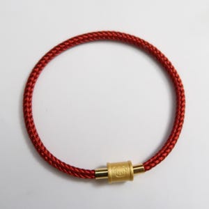 Handcrafted Red Braided Bracelet with Golden Om Mani Padme Hum Mantra Bead | Buddhist Prayer Jewelry