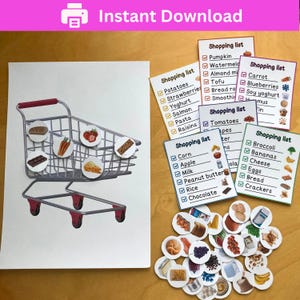 May include: A printable shopping list set featuring a shopping cart graphic with food images and several shopping list cards. The cards list various food items with check boxes. The words "Instant Download" are at the top.