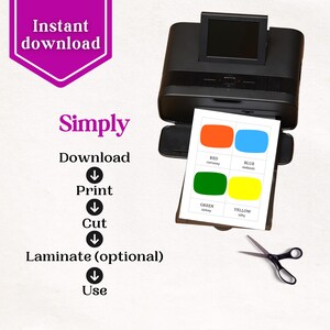 May include: Printable color cards with red, blue, green, and yellow squares. Each square has the color name and the Polish word for the color. The image shows a printer, scissors, and instructions to download, print, cut, laminate, and use the cards.