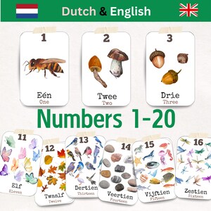 Tarjetas didácticas bilingües con números del 1 al 20 en holandés e inglés para imprimir, inspiradas en Reggio Emilia, para el aprendizaje en el hogar y preescolar
