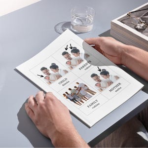 May include: A white sheet of paper with four images and text in Polish. The images show a family, a couple with a baby, a woman with a baby, and a baby. The text says "child", "parents", "mother", and "family".