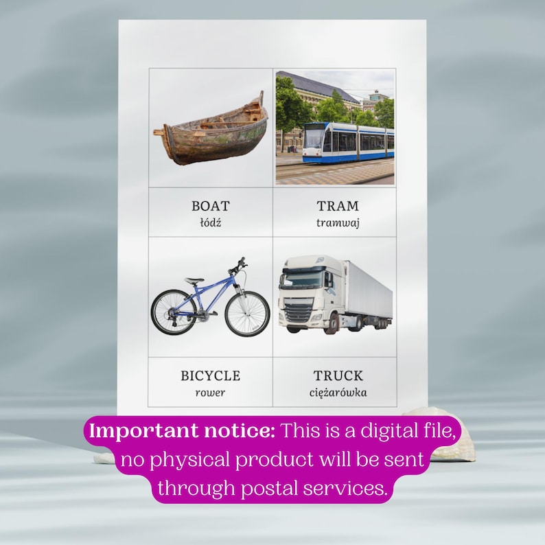 May include: A colorful educational chart with illustrations of a boat, tram, bicycle, and truck. The chart includes the English and Polish words for each vehicle.