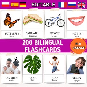 Sjabloon PLR Tweetalige Flashcards Bewerkbaar in Canva 200 nomenclatuur Flash Cards Montessori Echte Foto's Klaslokaal Taal Kleuterschool