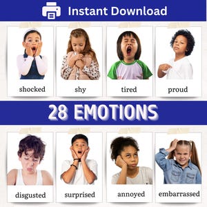 子ども向け感情フラッシュカード 28枚のリアル写真 モンテッソーリ 3部構成カード セラピー 幼稚園児向け感情マッチング写真 印刷可能