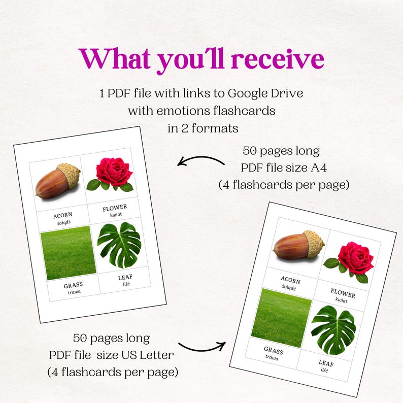 May include: Two pages of flashcards with images of an acorn, flower, grass, and leaf. Each page has four flashcards with the English and Polish words for each item. The text on the page says "50 pages long PDF file size A4 (4 flashcards per page)" and "50 pages long PDF file size US Letter (4 flashcards per page)".