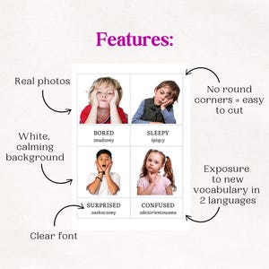 May include: A set of six flashcards featuring real photos of children expressing different emotions. Each card has a white background and features the emotion word in English and Polish. The cards are designed with rounded corners for easy cutting.