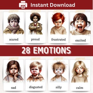 Schede didattiche con immagini di emozioni per bambini 28 carte Montessori in 3 parti con acquerello, terapia, abbinamento di sentimenti per bambini in età prescolare, beige, stampabili