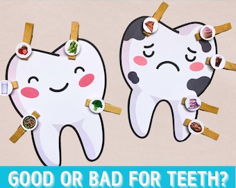 Actividad imprimible de salud dental para niños en edad preescolar, juego educativo de cepillado de dientes para preescolar, actividad de clasificación de dientes, juego de dentista