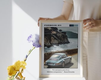 Klassisches Plakat im Porsche 911-Stil, Vintage Porsche Druck, Deutsches Auto Wandkunst, Magazin Auto Plakat, Altes klassisches Auto Plakat, Auto-Dekor-Kunst