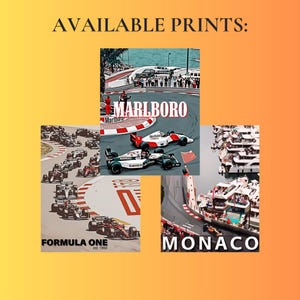 May include: A collage of four images featuring Formula One racing in Monaco. The top image shows a Formula One car with a Marlboro sponsorship on the side. The bottom left image shows a Formula One car with the text "Formula One est. 1950". The bottom right image shows a view of the Monaco harbor with the text "Monaco".