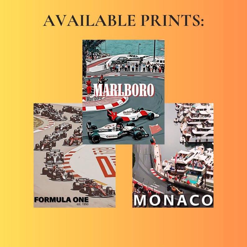 May include: A collage of four images featuring Formula One racing in Monaco. The top image shows a Formula One car with a Marlboro sponsorship on the side. The bottom left image shows a Formula One car with the text "Formula One est. 1950". The bottom right image shows a view of the Monaco harbor with the text "Monaco".