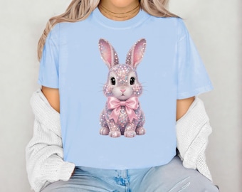 Sparkly Bunny Comfort Colors short sleeve tshirt, Easter Tshirt, FAUX sparkles, sequins, and rhinestones